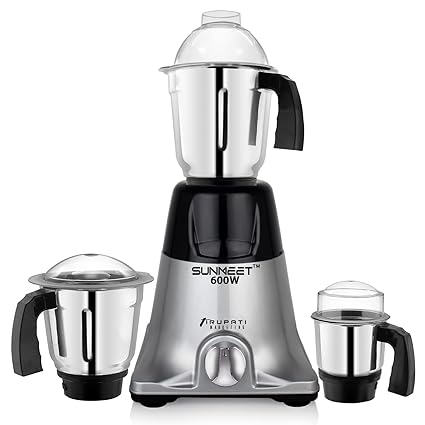 Sunmeet 600-Watts Mixer Grinder with 3 Stainless Steel Jars (Dry Jar, Chutney Jar, Liquid Jar) (BlackSilver). Company 37 Years of Servicing Marketing and Manufacturing Since 1984.