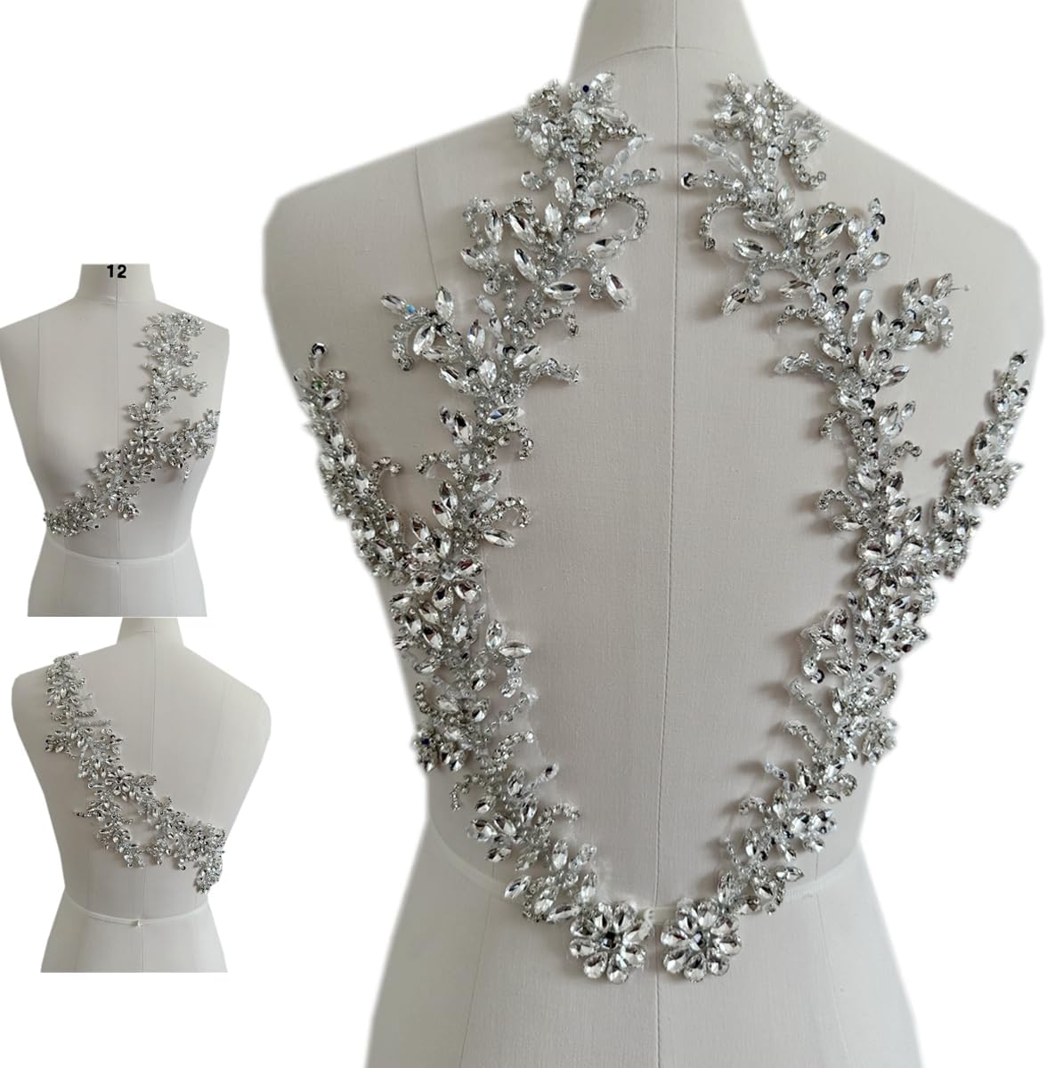 Hand-Made Glass Rhinestons DIY Clothing Appliques Patch Beads Applique for Jeans Jacket Dress Bags and Other DIY Projects Decoration Beading Flower Applique by Pair (Silver)