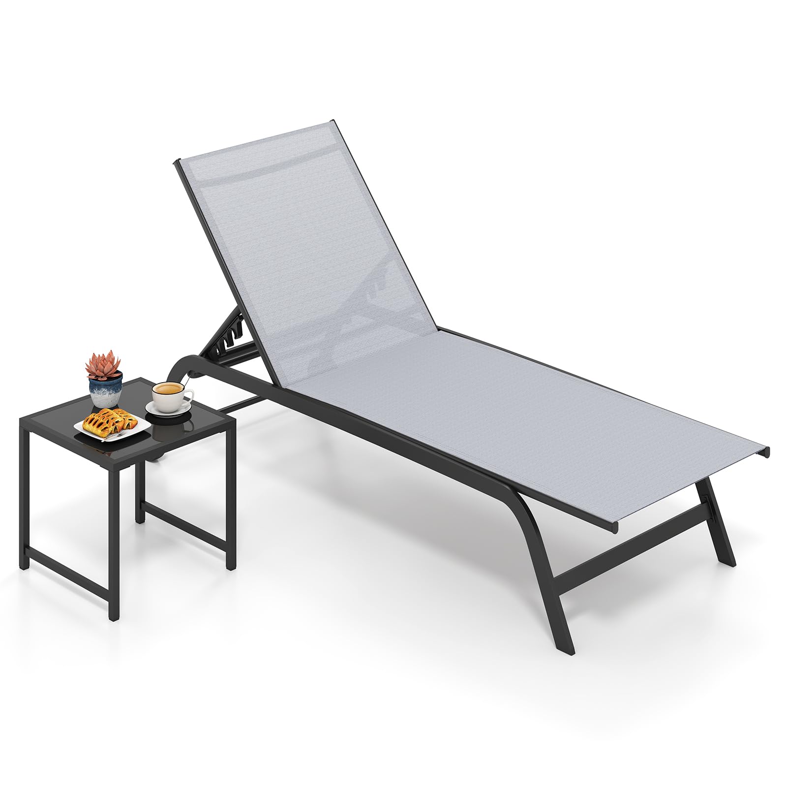COSTWAY Garden Sun Lounger with Side Table, 6-Level Patio Recliner (Grey)