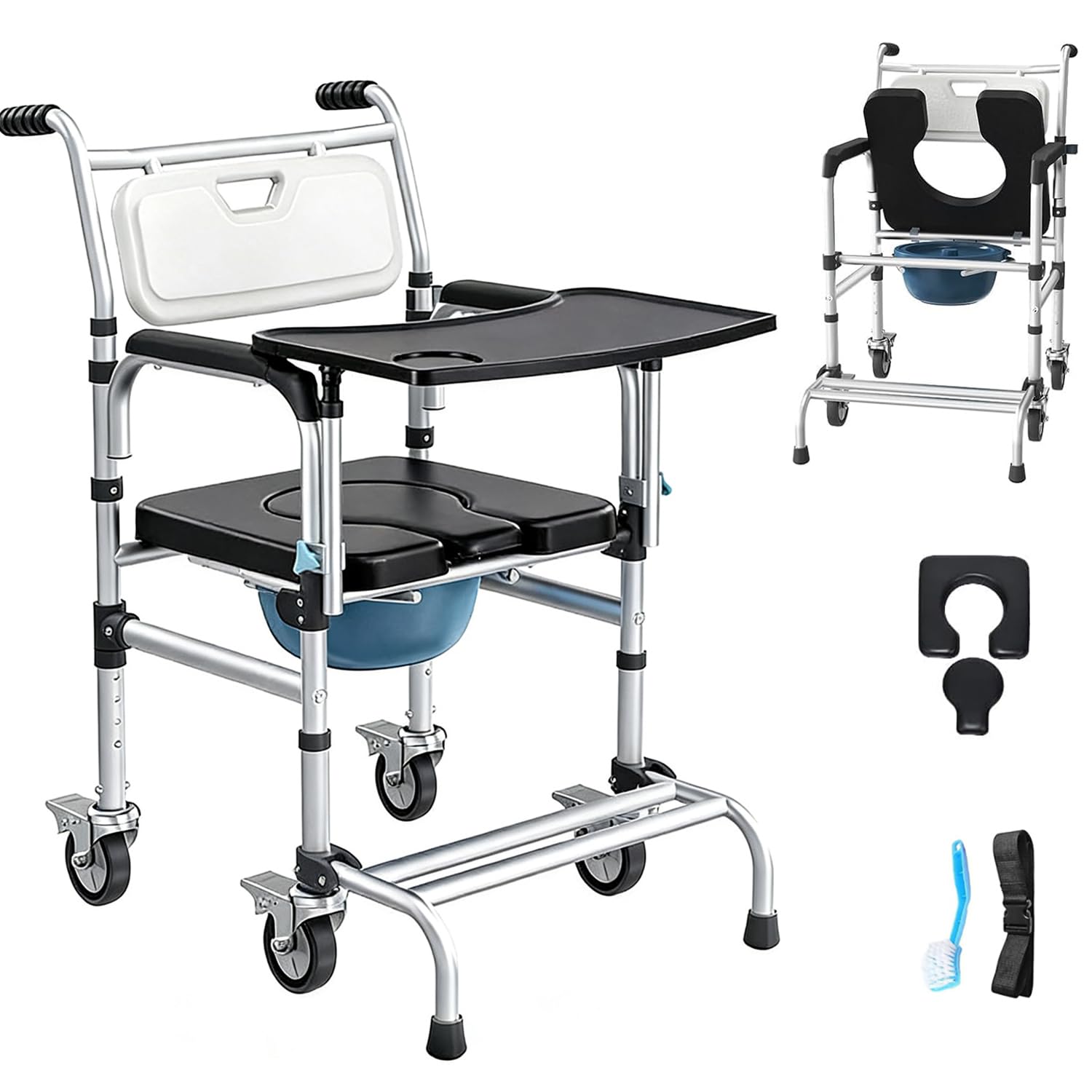 Photo 1 of Fisimport 4 in 1 Rolling Bedside Commode Chair w/Wheels for Elderly, Shower Chair w/Handles for Height Raised Toilet Seat for Seniors, Disabled & Pregnant Holds Up to 350 lbs