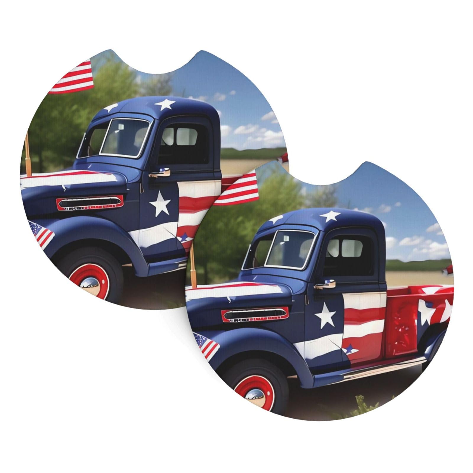 2 Pack Car Coaster for Cup Holders 4th of July Patriotic Trucks Car Cup Coaster 2.7" Neoprene Non-Slip Automotive Cup Mat Universal Auto Car Interior Accessories for Women Men Cup Pad