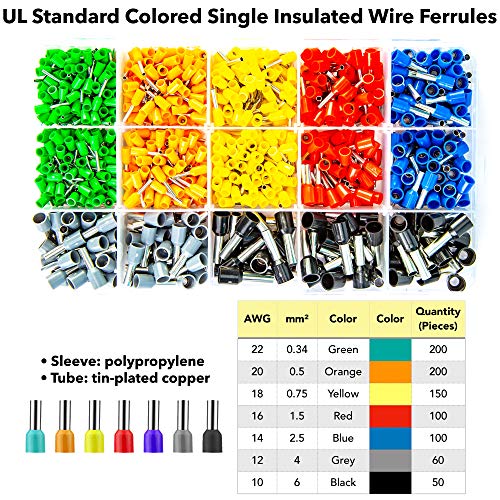 KOTTO Ferrule Wire Terminal Block Crimping Tool Plier Tool Kit Set with 860 Ferrules, Wire cutter, Storage Bag, UL Color AWG Guidelines, Industry Standard Coded Ferrules - Thumbnail 6