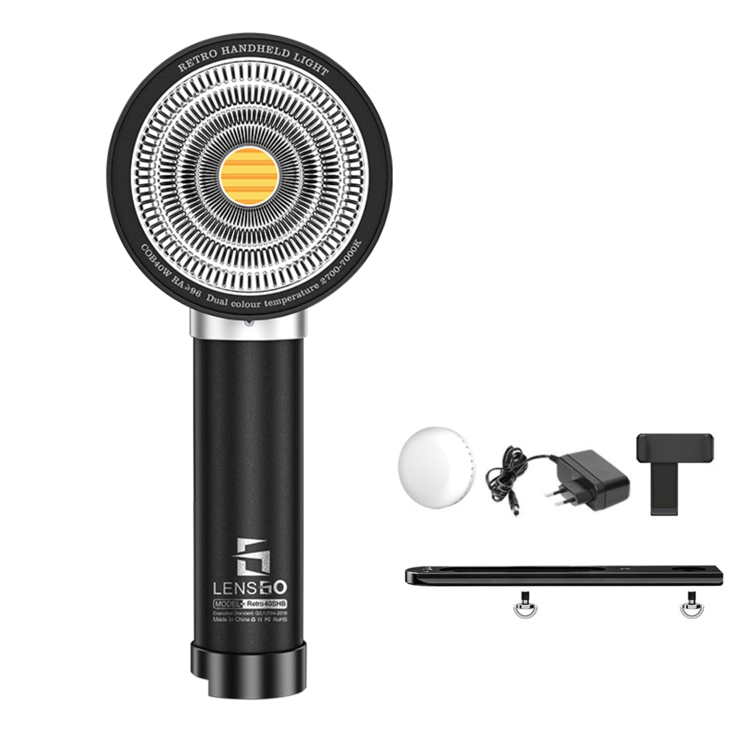 LENSGO 40SHB 40W Lampe d'appoint rétro, Double température de Couleur 2700K–7000K, LED Portable pour Appareil Photo Smartphone, IRC élevé ≥96, luminosité réglable de 0 à 100%.