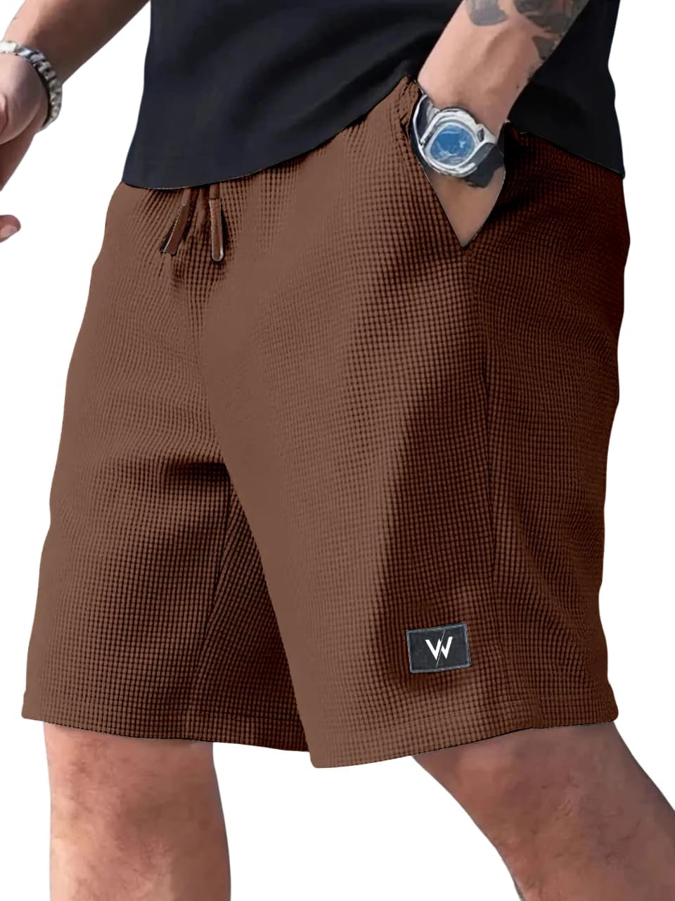 Men's Sports Shorts, Lycra Blend, Mid Rise, Regular Fit, Knee Length with Drawstring, Side Zipper Pockets, Black, Summer Casual Wear