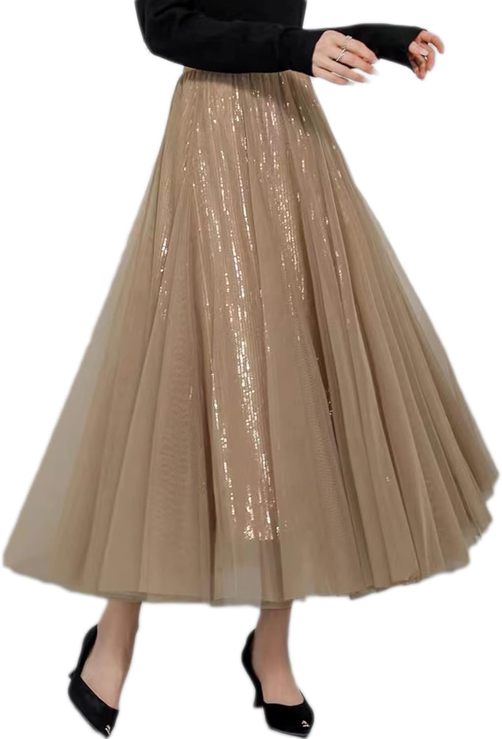 Womens Tulle Skirts Midi Elastic High Waist Pleated Mesh Flowy A-Line Party Long Tutu Skirts...