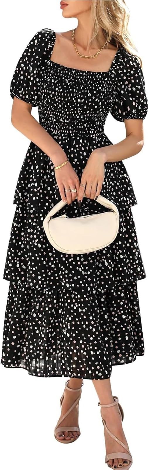 FGQHH Womens Square Neck Smocked Dress Summer Puff Short Sleeve Floral Casual Ruffle Tiered Flowy Maxi Wedding Guest Dresses(Black,Large)