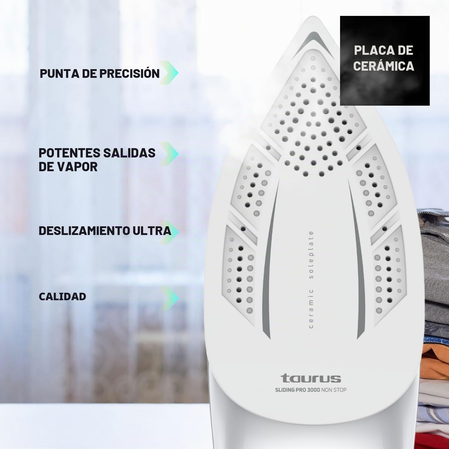 Taurus - Centro Planchado Sliding Pro 3000 Non Stop | 3000W | Vapor 130 g/min | Golpe 400 g/min | Plancha Vertical | Suela Cerámica | ECO y MAX | Depósito 1.5L | Autolimpieza | Bloqueo | Negro