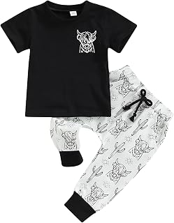 Western Baby Boy Summer Clothes Cow Print Short Sleeve T-Shirt Top Pants Set 2Pcs Toddler Western Cowboy Outfits