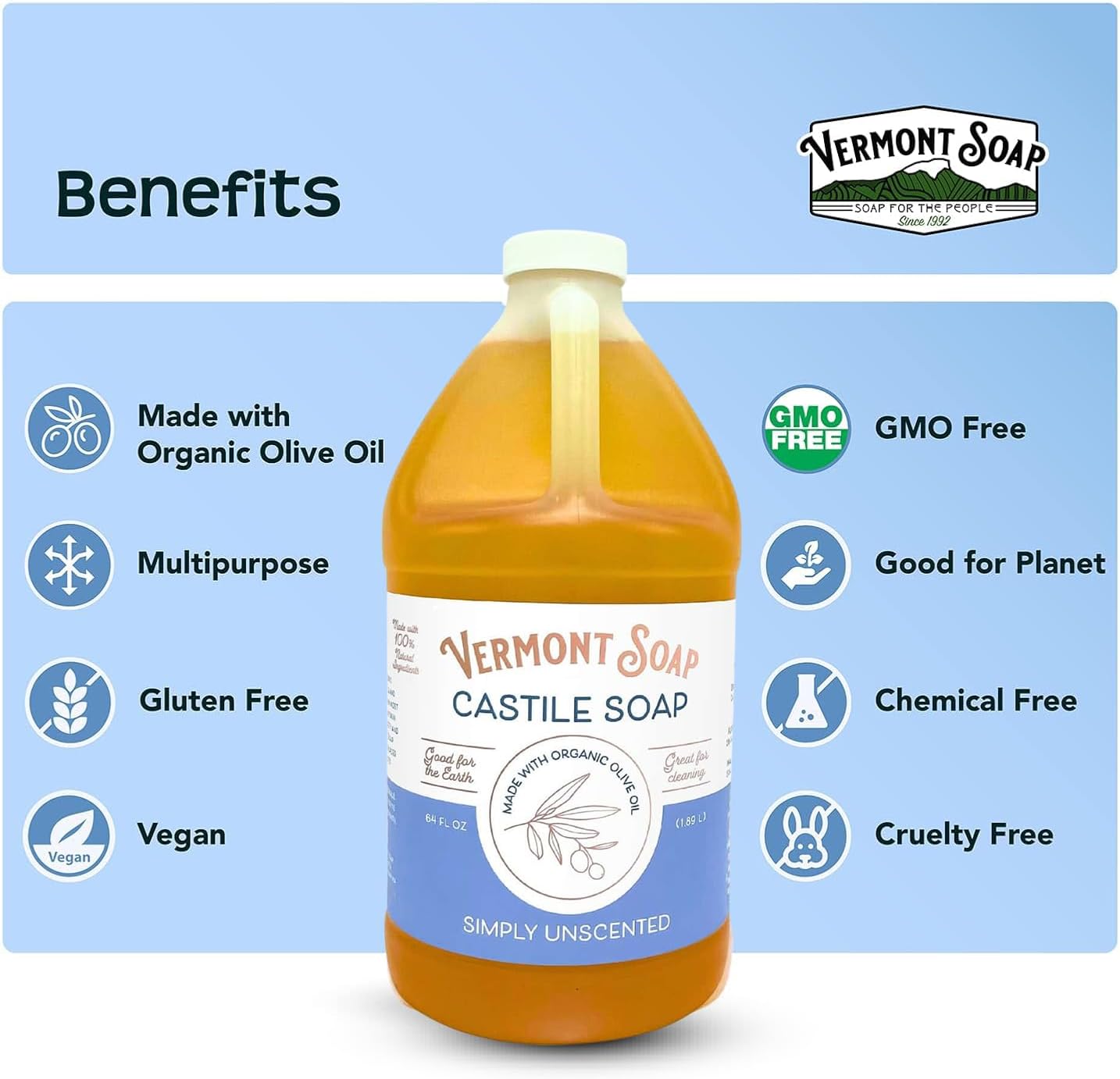 Vermont Soap Liquid Castile Soap (Unscented, 64oz)