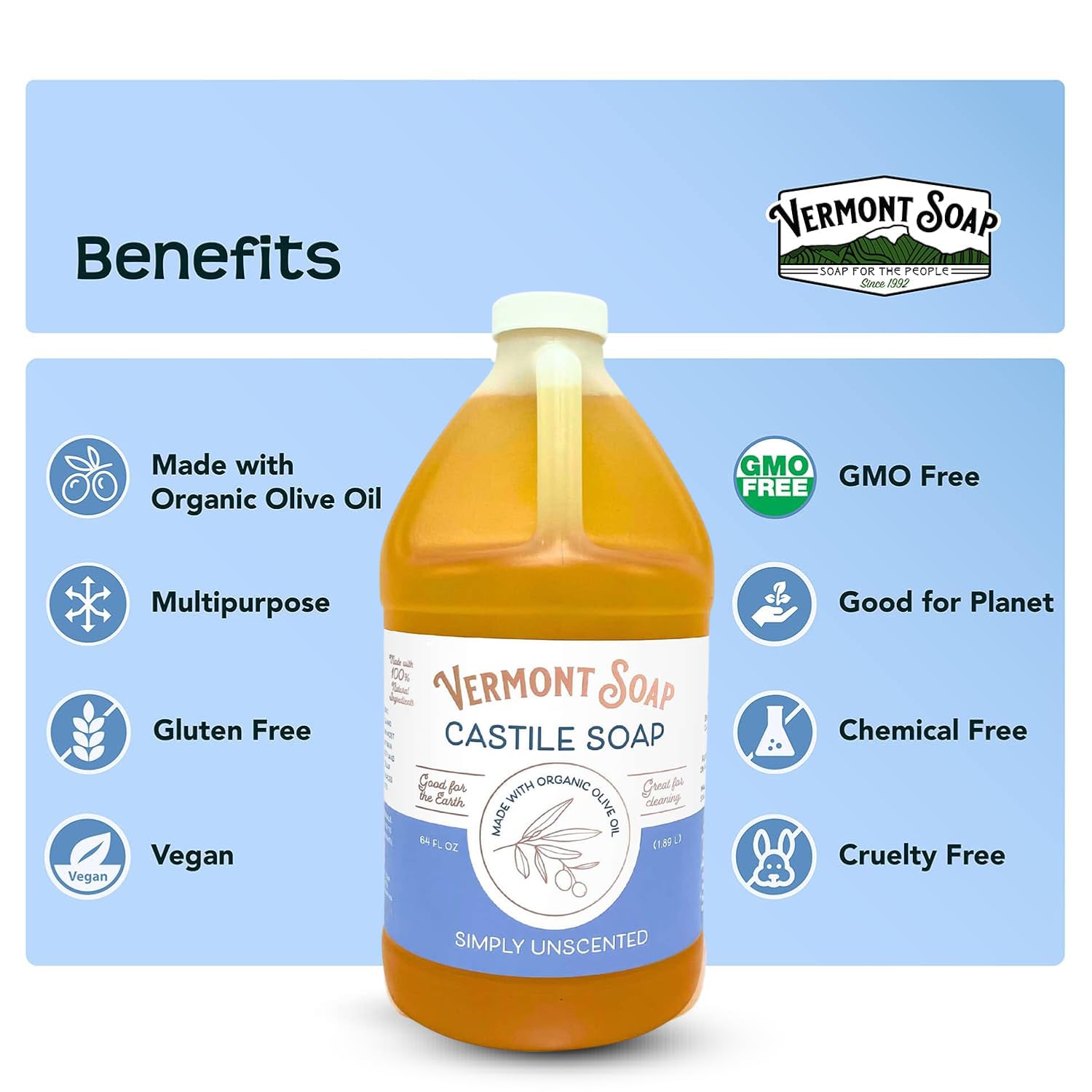 Vermont Castile Soap Unscented, Gentle Liquid Soap for Sensitive Skin & Natural Body Wash, Organic Hair Shampoo for Oily Hair, Aloe Castile Soap for Men & Women - 64 Oz