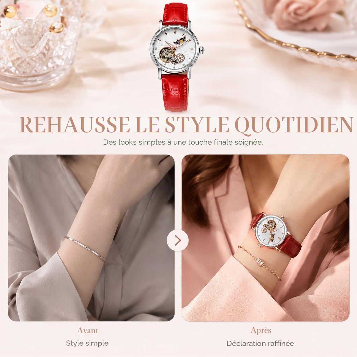 Montre mécanique automatique pour femme en acier inoxydable avec cadran à phases de lune et bracelet en cuir étanche