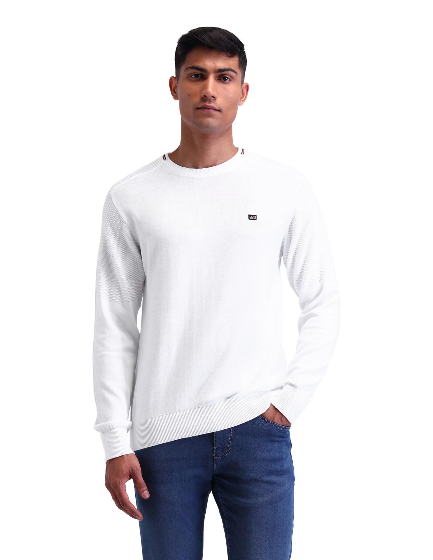 Mens White Solid Crew Neck Long Sleeve Casual Cotton Regular Fit Sweater-image-44