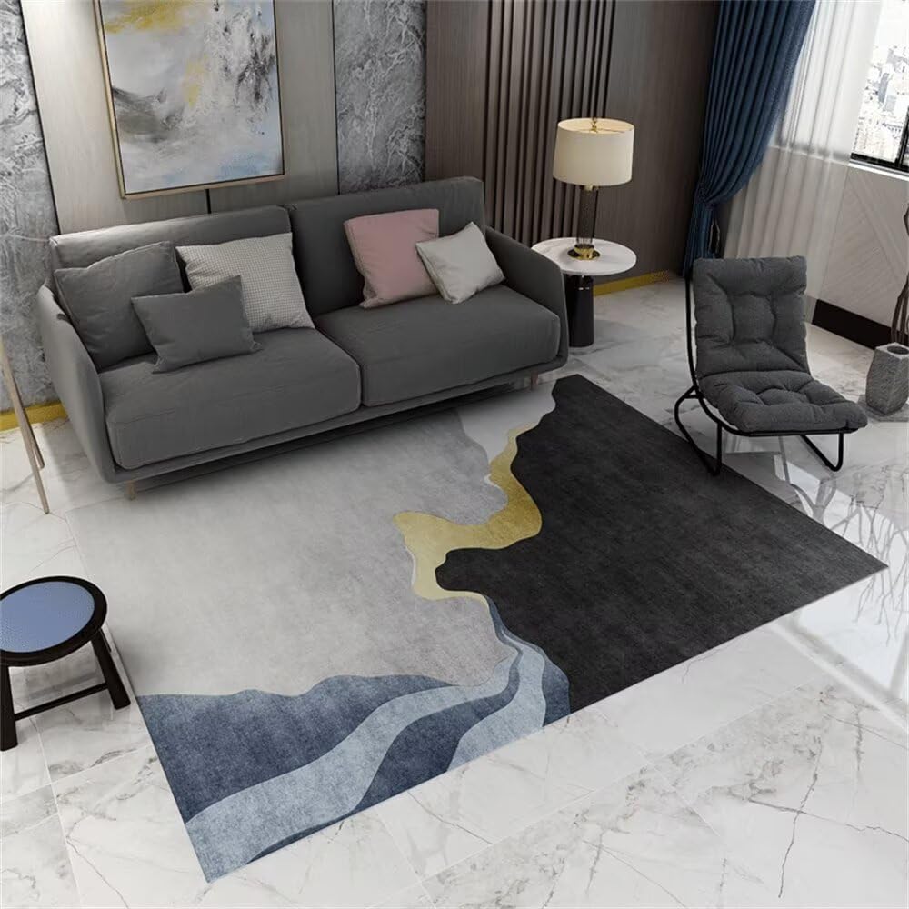 Grand tapis salon lavable 200x290 cm bleu moderne gris noir