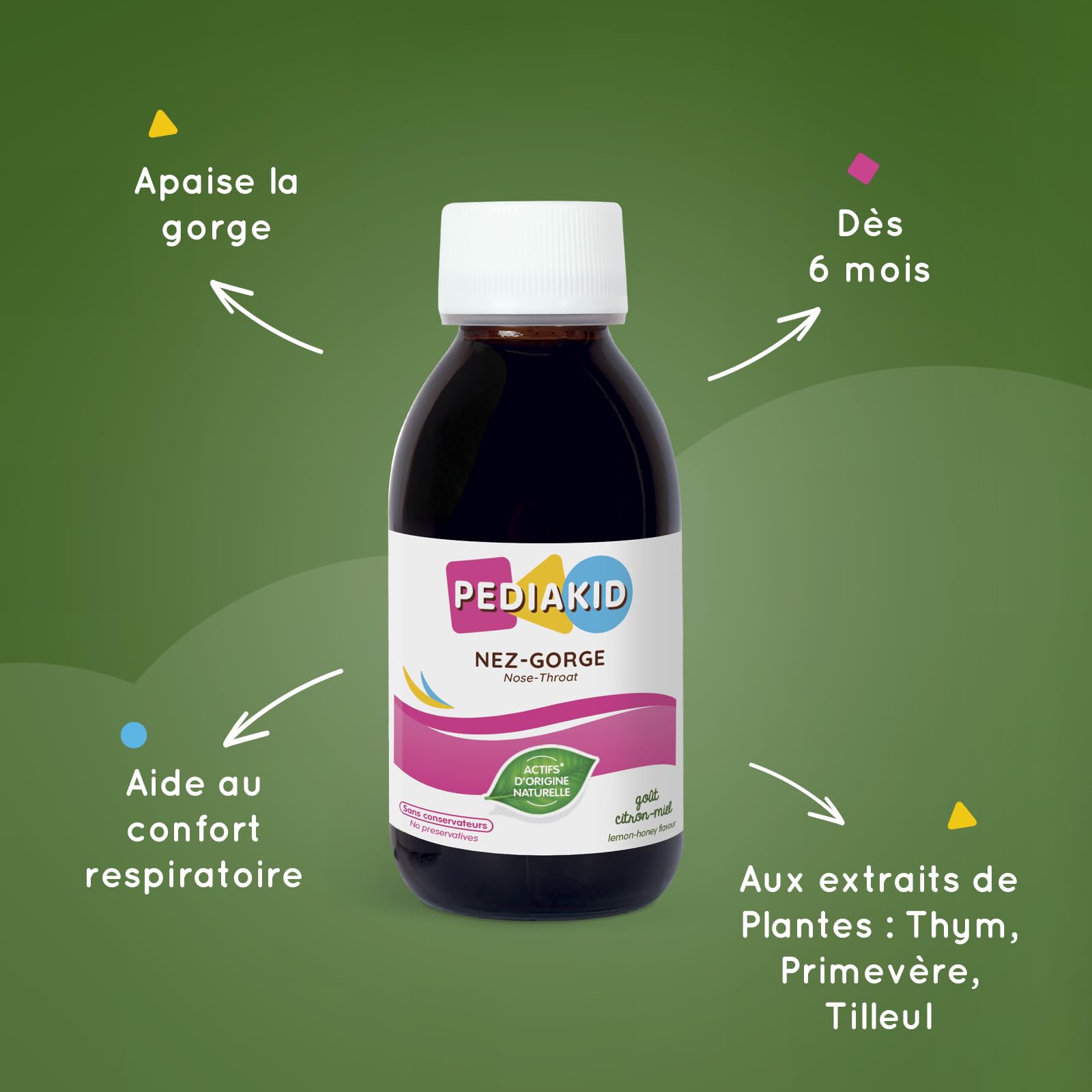 PEDIAKID - Sirop Nez-Gorge - Apaise & dégage les voies respiratoires - Participe au fonctionnement du système immunitaire - Thym, Tilleul, Sureau, Gingembre, Vitamine C & Cuivre - Lot de 3