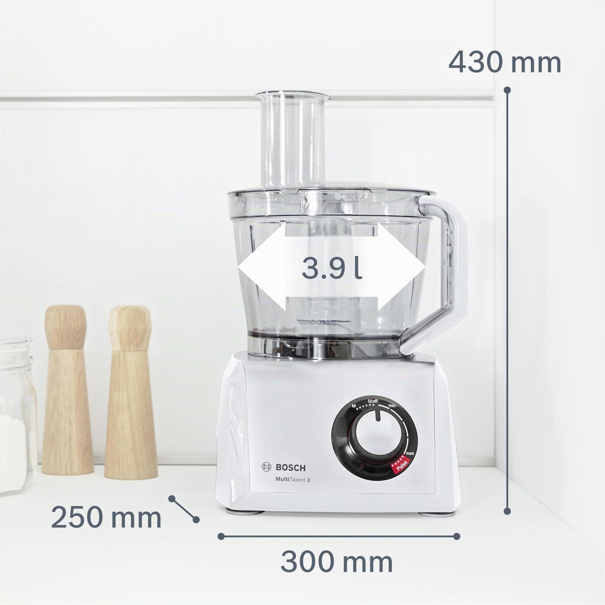 Bosch MultiTalent 8 MC812W501 - Robot de cocina compacto (3,9 L, batidora de 1,5 L, cuchillo universal, disco para rallar, disco reversible, disco para tortitas, 1000 W), color blanco