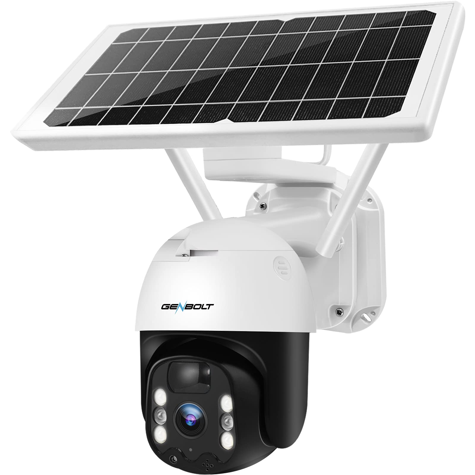 GENBOLT GB217K 2K Wireless Solar PTZ Security Camera mounted on a wall with its solar panel, showing its design.