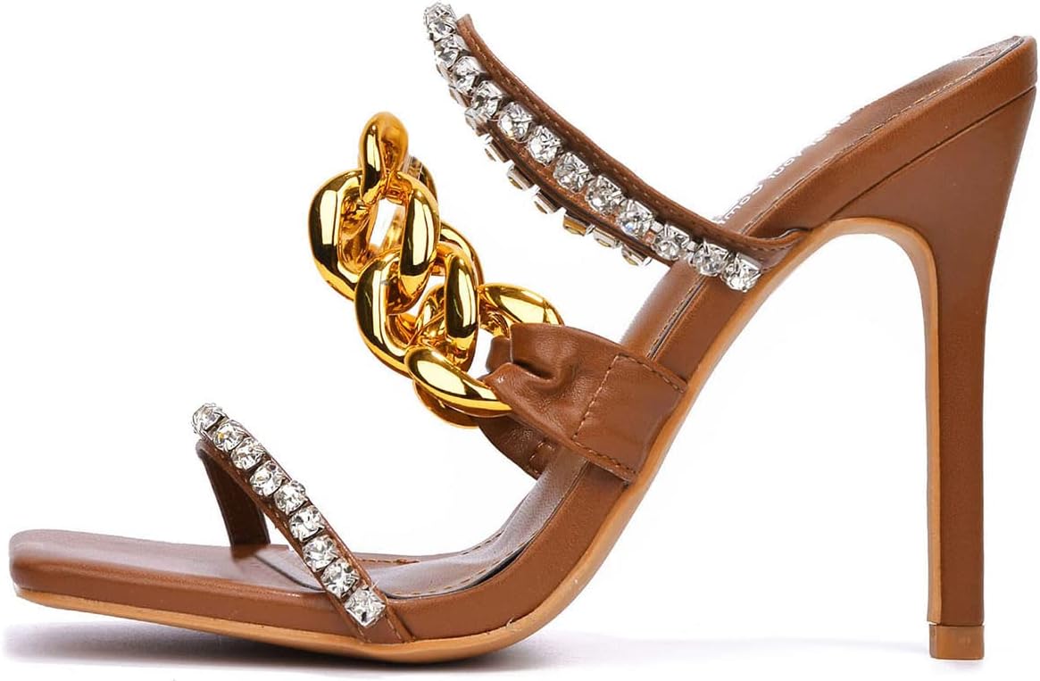 Cape Robbin Vavaboom Sexy Stiletto High Heels for Women, Square Toe Shoes Heels with Link and Faux Rhinestones - Brown Size 7.5