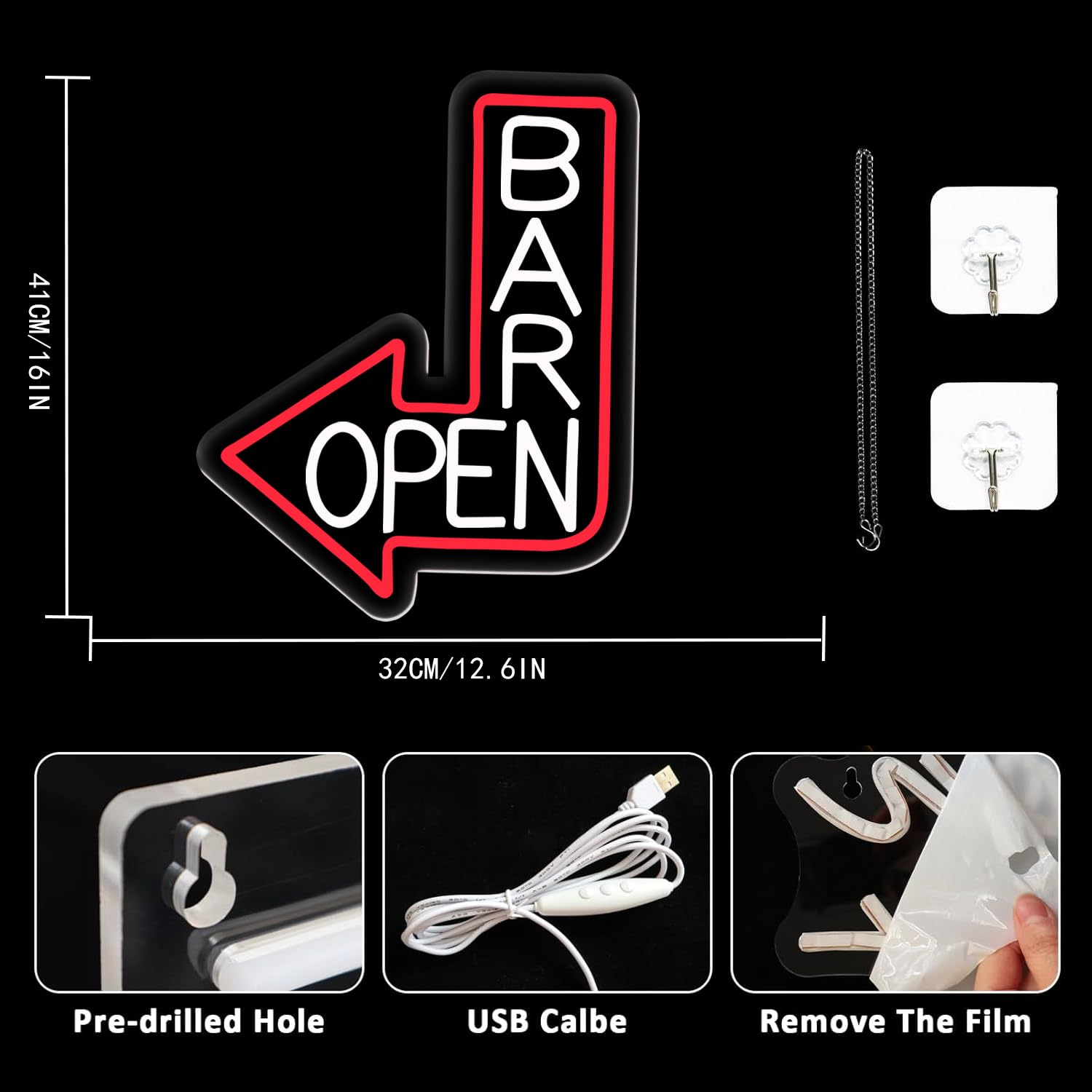 UExnkj-Y Bar Open Neon Sign, LED Open Light Advertisements for Business Dimmable Bar Sign with USB Open Sign for Bar Salon - Image 3