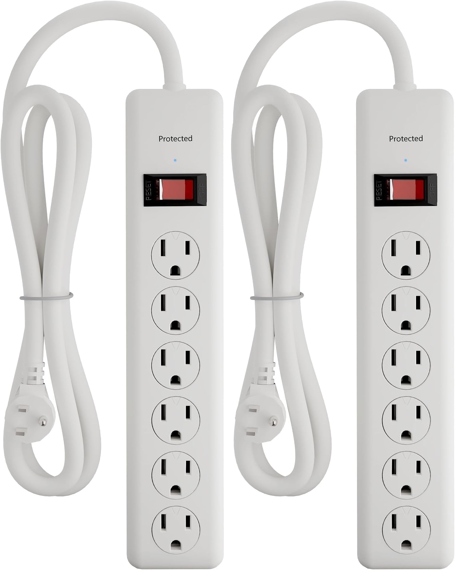 BN-LINK 6-Outlet Power Strip Surge Protector 2-Pack, 4-Foot Extension Cord, 600 Joules, Twist-to-Close Safety Covers, 90 Degree Flat Plug, Overload Protection, White