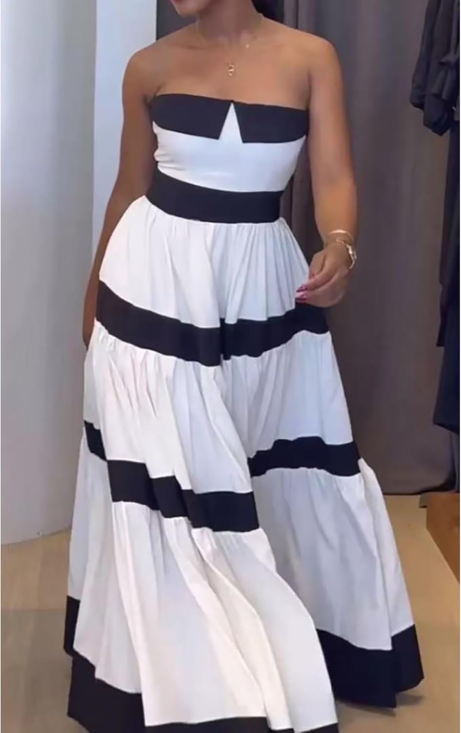 Women's Strapless Tube Stripe Maxi Dress Sleeveless Off Shoulder Bow Tie Color Block Flowy Dresses