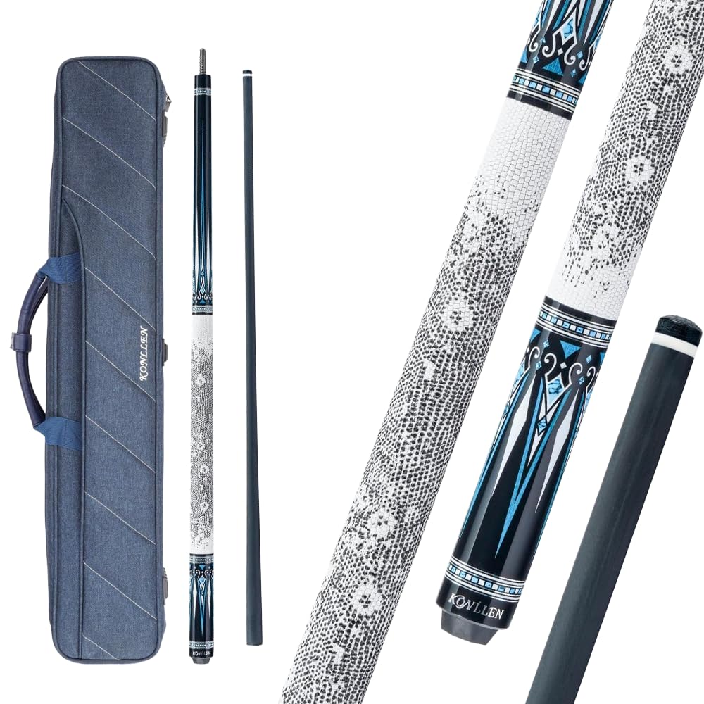 KONLLENCarbon Fiber Pool Cue and 3x4 Oxford Pool Stick Case (58-inch 12.5mm Tip Easy to Control, Pro Taper, Ultra-Smooth and Multi-Pocket Pool Cue Accessories)