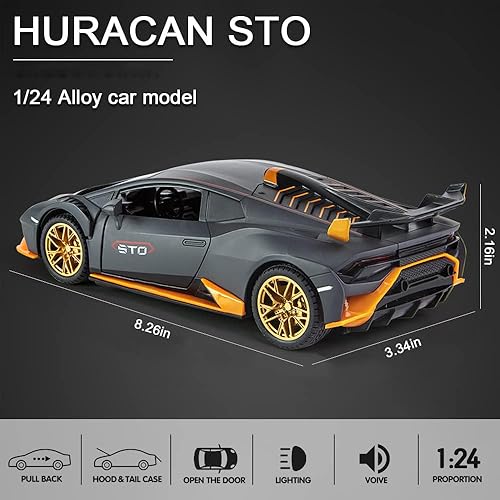 Miniatura 17 de Modelo de automóvil fundido a presión de aleación 1:24 para Lambo Huracan STO, vehículos de tracción hacia atrás, modelos de autos de juguete
