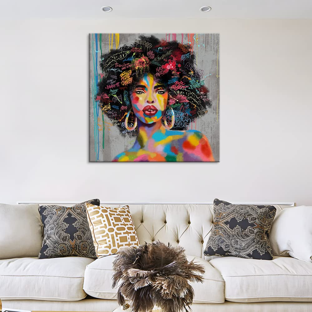 Pangoo Art African American Canvas Wall Art Black Woman White Retro Beauty Abstract Painting Canvas Prints Living Room Bedroom Bathroom Framed Home Decoration Ready to Hang,16x16 inch, 16x16inch