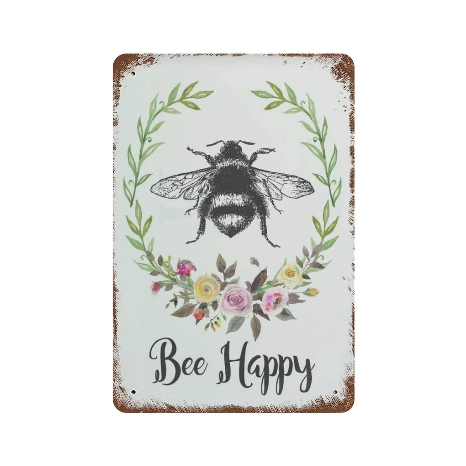 AOOEDM Bee Happy Vintage Metal Tin Sign for Home Coffee Shop Office Wall Art Metal Poster Garage Decor Man Cave Sign Inspirational Quote Wall Decor