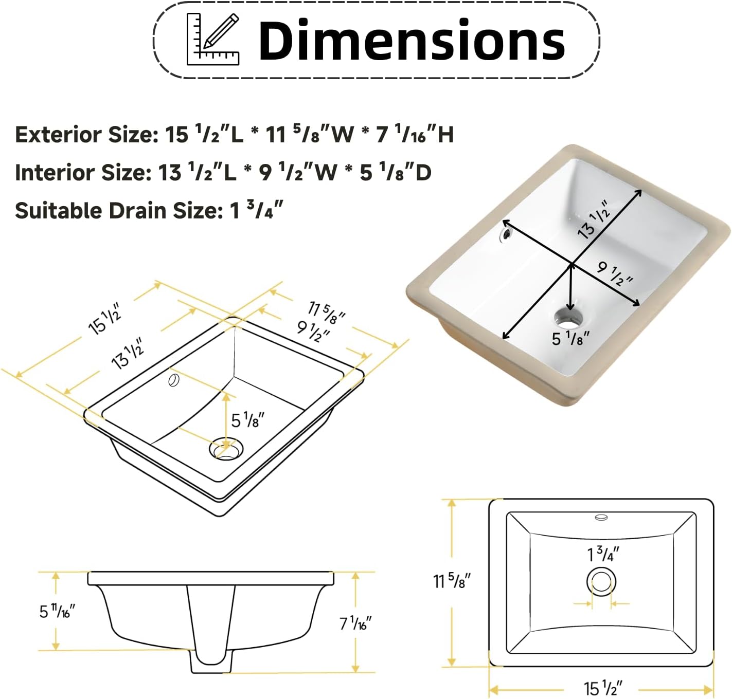 15.5"W x 12"D Undermount Bathroom Sink Rectangular Small, Los Flexi 16 Inch White Ceramic Vanity Sink With Overflow Hole, Under Counter Sinks For Bathrooms