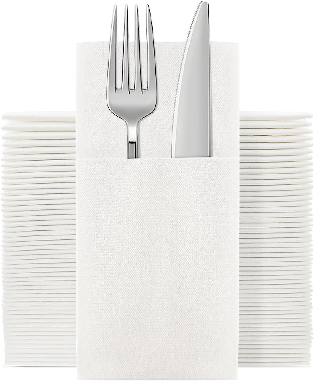 JEBBLAS Disposable Napkins Cloth Like Napkins with Built-in Flatware Pocket Prefolded Dinner Napkins Napkins Prefolded for Silverware for Weddings,Parties or Events(White,16 x 16 inches,100 Count)