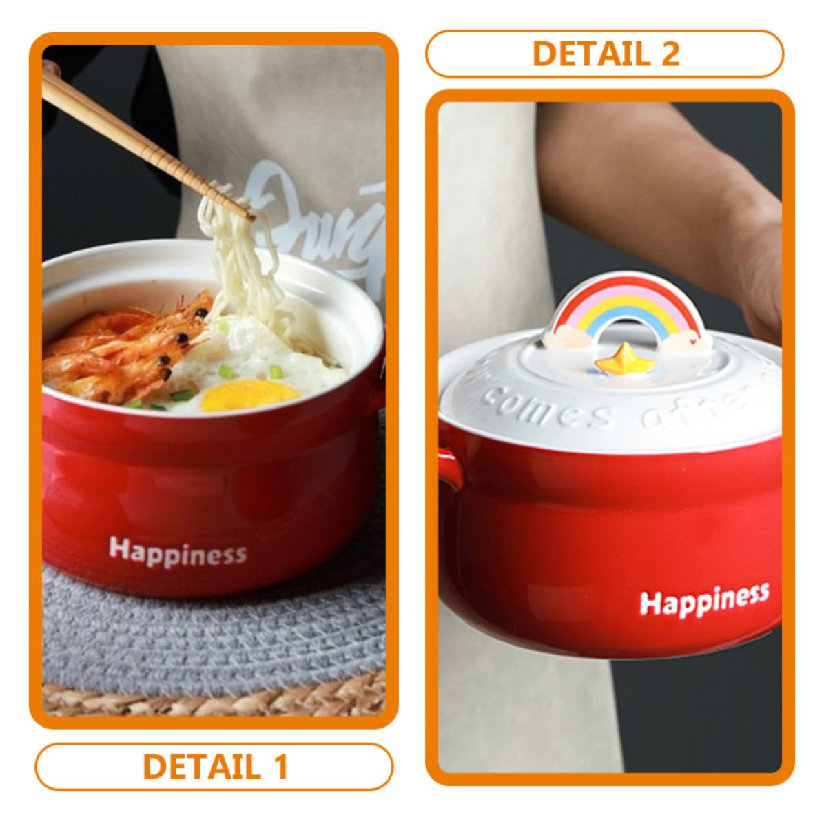 Gadpiparty Tazón de Ramen de Cerámica Rojo con Tapa, Cuenco para Sopa y Frutas, Diseño Decorativo y Funcional para Restaurantes y Regalos de Inauguración de Casa