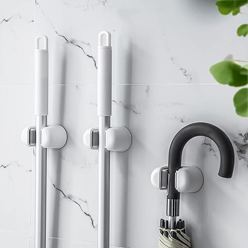Miniatura 8 de BEZOX Soporte para escoba, 3 piezas de soporte de pared para fregona, autoadhesivo, suministros de limpieza, soportes para colgar para baño, cocina,