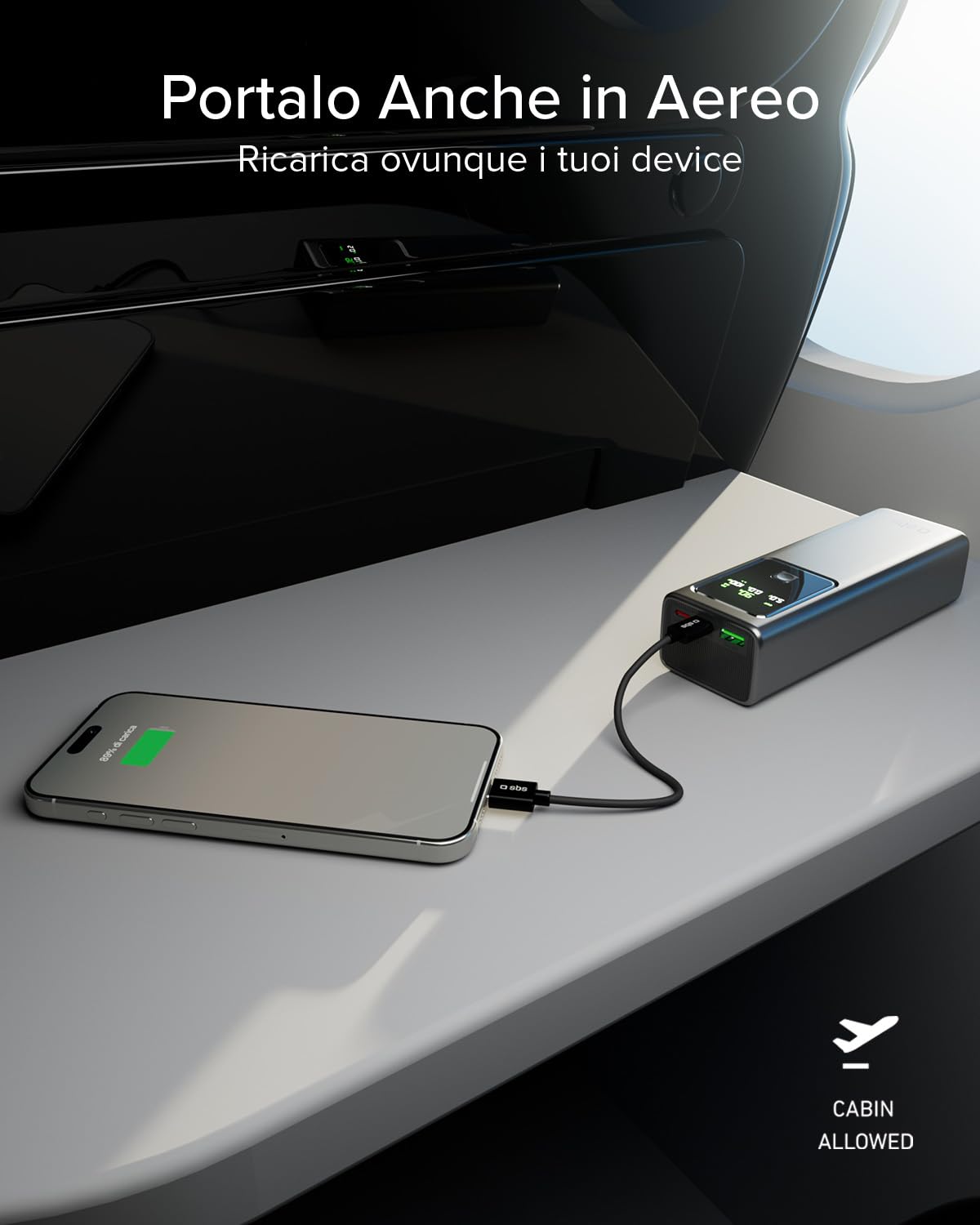 SBS PowerBank LCD 100W, 20000mAh, Power Delivery (PD 3.0 PPS), AFC | Power Bank con Ricarica Rapida, Display LCD Avanzato, USB-C, USB-A, Caricabatterie Portatile da Viaggio, Compatto, Grigio