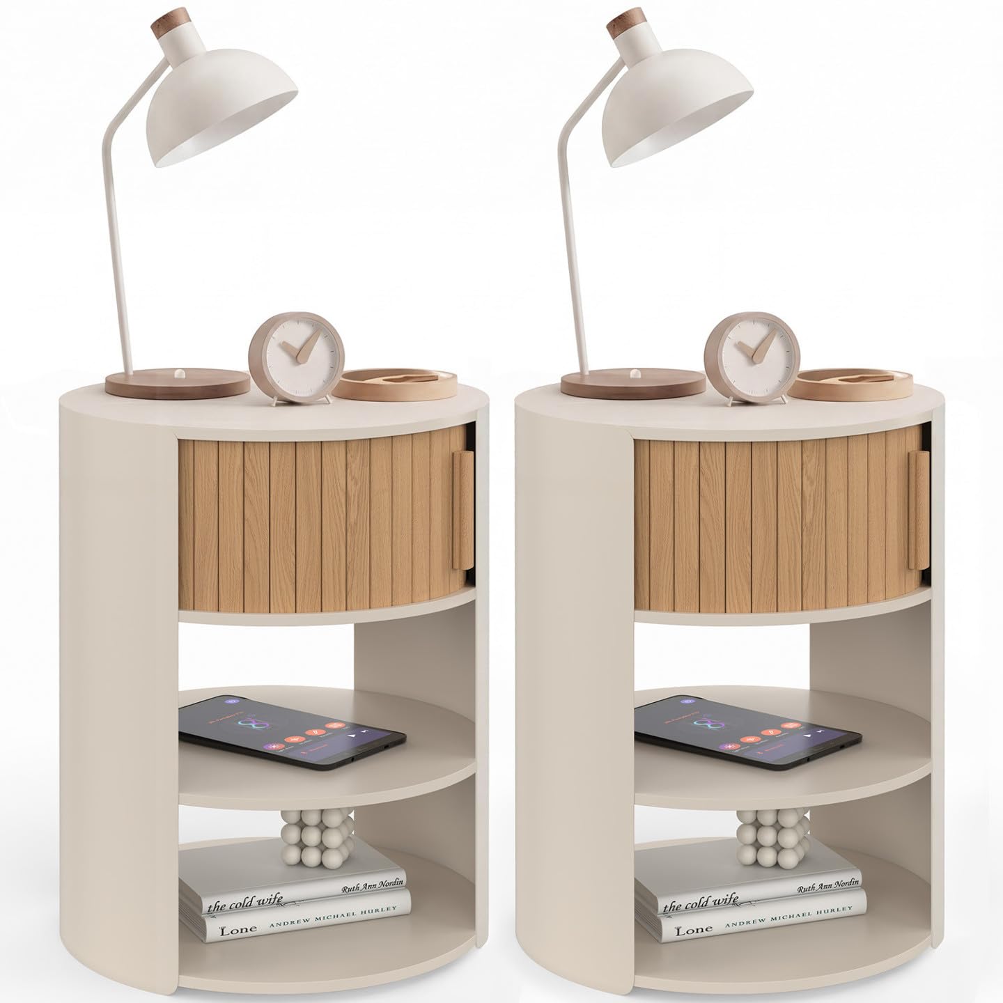 IDMarket - 2 chevets Ronds TONO 1 tiroir Beige et Effet Lattes