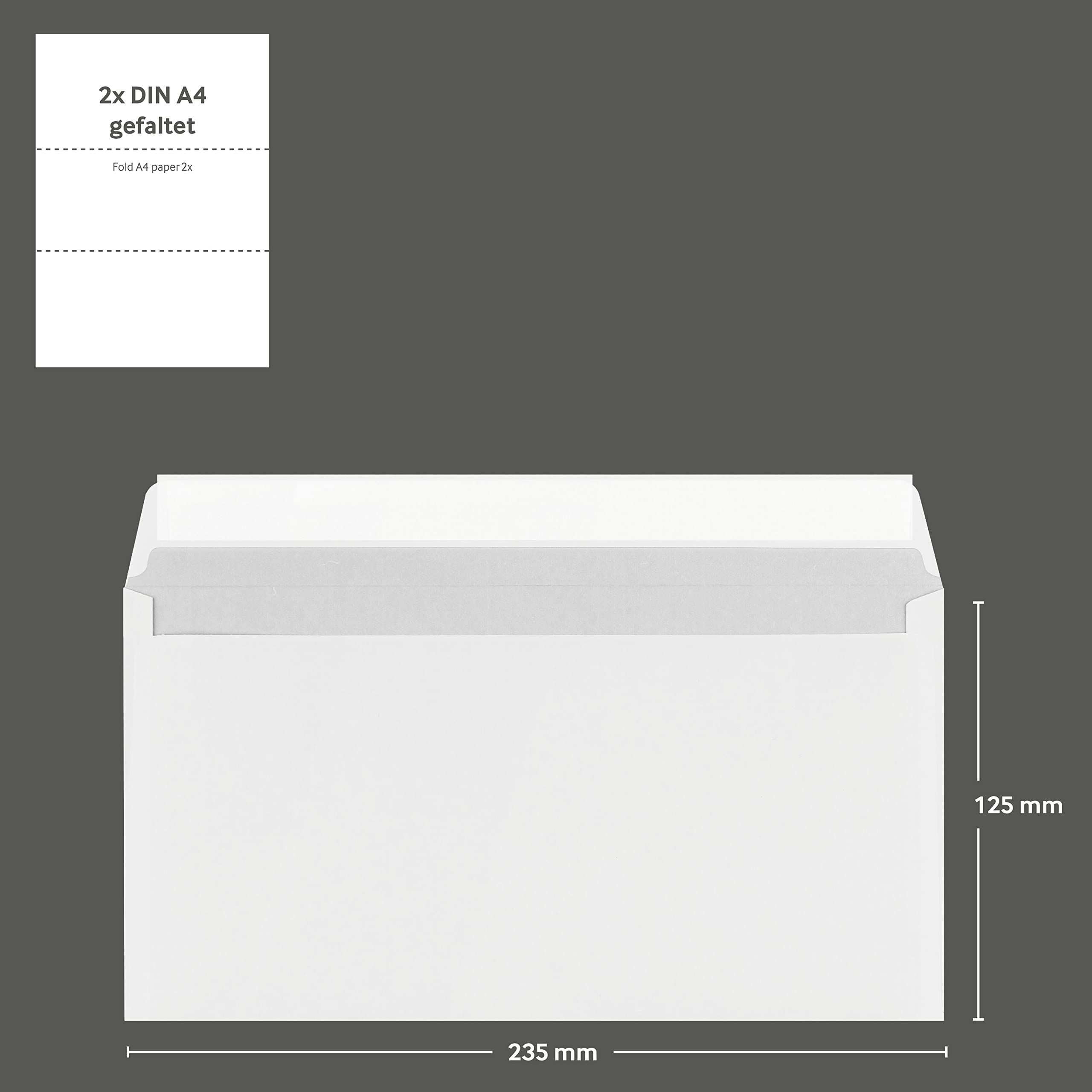 1000 Stück, Briefumschläge, 125 x 235 mm (Kompakt), Haftklebung, Gerade Klappe, 80 g/qm Offset, Ohne Fenster, Weiß, Blanke Briefhüllen