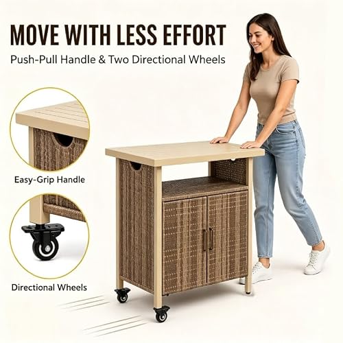 Outdoor Wicker Bar Cart with Wheels, Patio Rolling Serving Carts | Rolling Rattan Beverage Bar Table with Plastic Wood Top, Storage Shelf & Cabinet for Backyard Garden Poolside Party, Beige — view 4