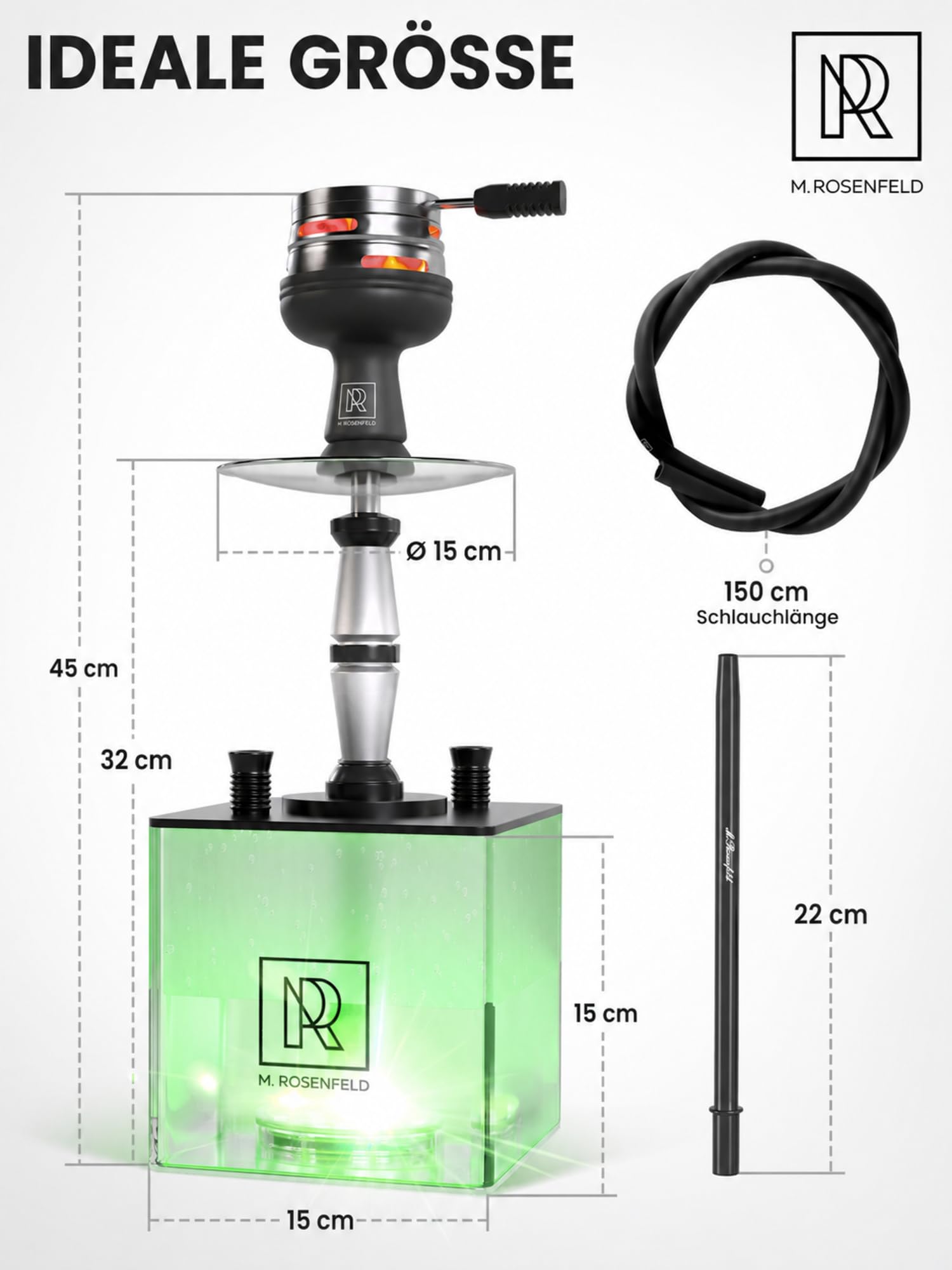 M. ROSENFELD Shisha Set Komplett To Go mit Tasche & Premium Zubehör – Kopf Set mit HMD, Mundstück, Aluminium Tauchrohr, Diffusor & Acryl Bowl Schwarz