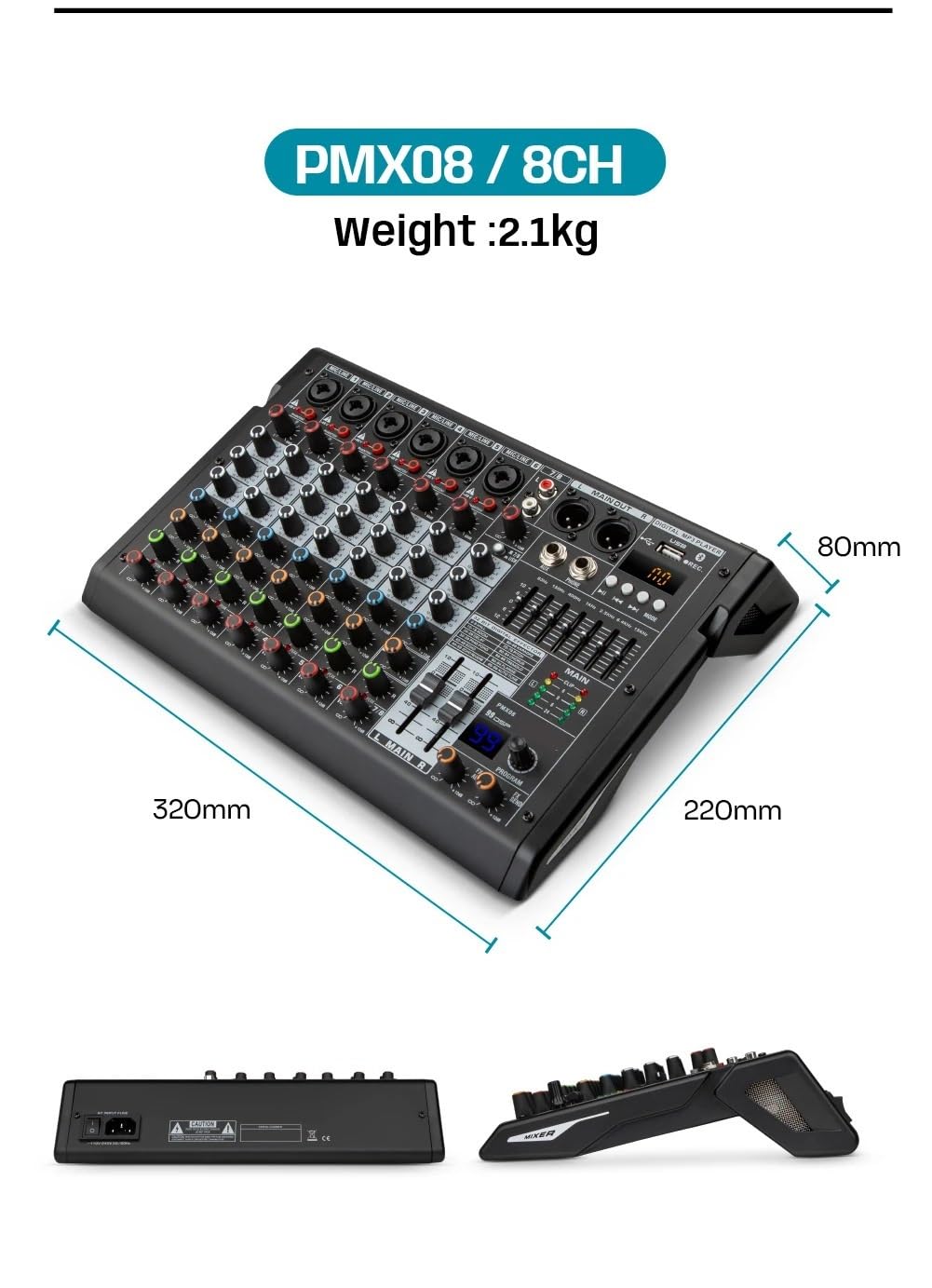 Mikser 99 DSP Cyfrowe wejście MP3 Zasilanie Phantom 48 V 7-stopniowy korektor Nagrywanie podcastów przez Bluetooth(8CHANNEL)