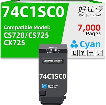 74C1SK0 74C1SC0 74C1SM0 74C1SY0 High Yield Cyan Toner Cartridge Compatible for Lexmark CS720 CS725 CX725 CX725de Laser Printer 74C1SC0 Cyan Toner Cartridge 7,000 Pages 1Pack