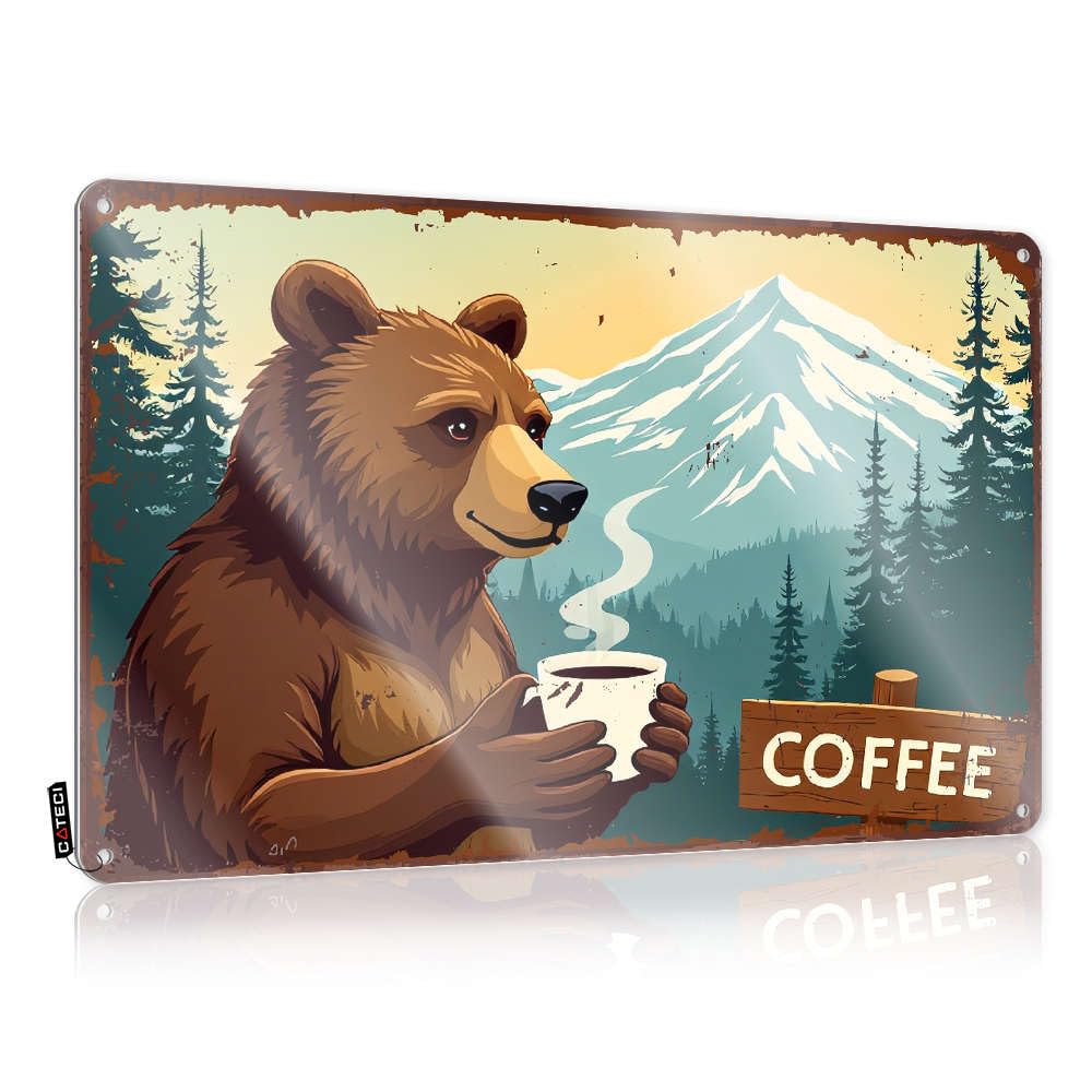 Sujd Colour Art Print Ready To Hang - A Bear Enjoying Coffee In A Mountainous Forest Setting. Welcome For Camper(30X40cm)