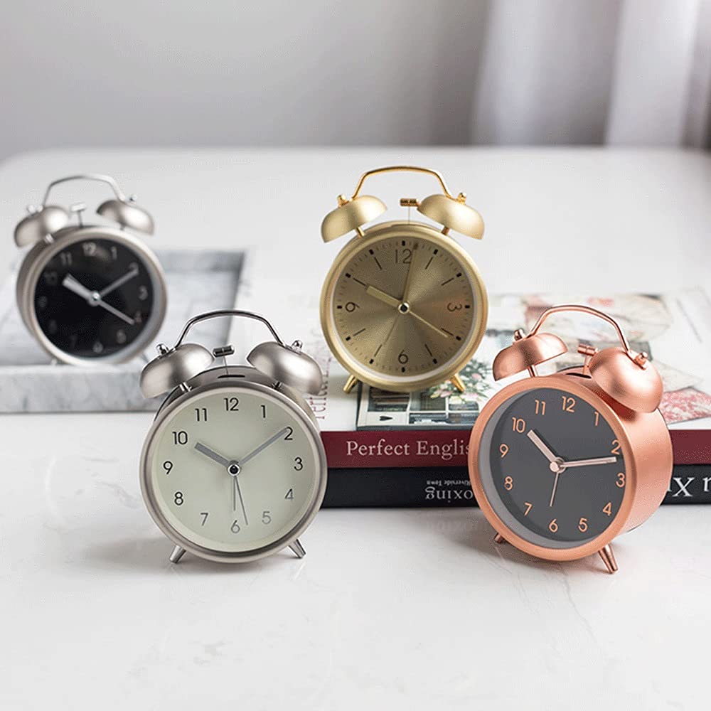 Budzik w stylu retro, metalowy bardzo głośny, staromodny, ładny, okrągły, przenośny, cichy budzik mechaniczny, odpowiedni do sypialni, gabinetu (kolor: różowe złoto) (różowe złoto)
