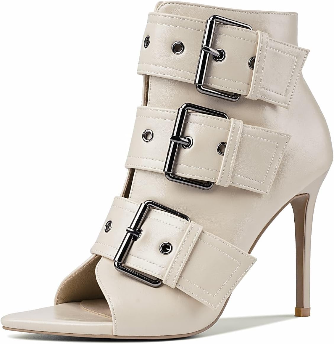 Women's Peep Toe Booties Sandals Stiletto Heel Ankle Boot Heeled Sandals Metal Buckle Side Zipper Sexy Dance Shoes