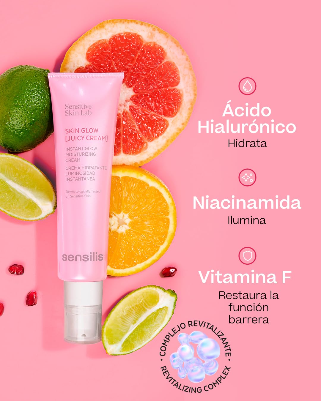 Sensilis - Skin Glow Juicy Cream, Crème Fondante Hydratante, avec Acide Hyaluronique et Niacinamide, Apporte une Luminosité Immédiate et Réactive l’Éclat de la Peau, pour Peaux Sensibles - 50 ml