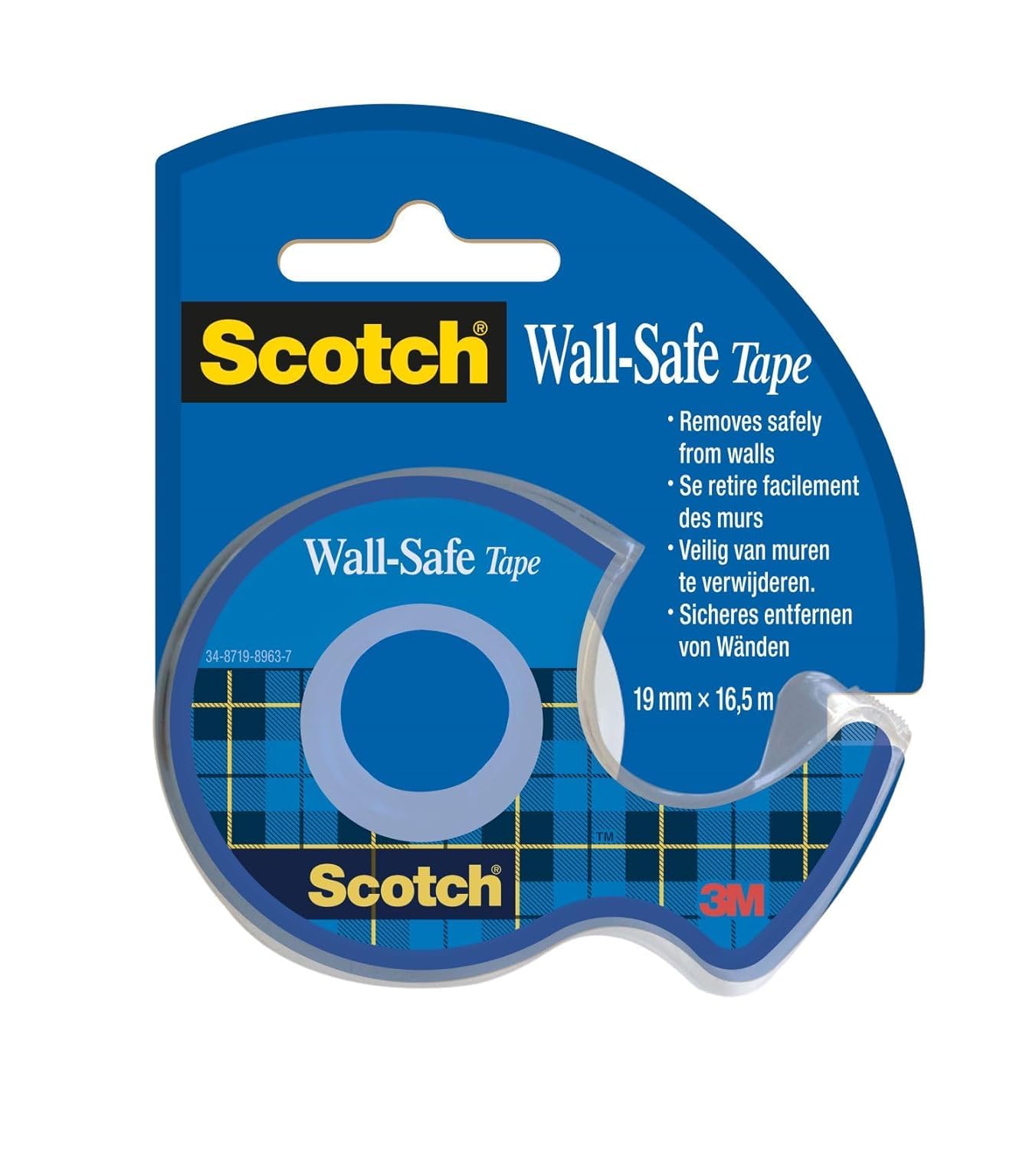 Scotch Ruban Mural Sûr - 1 Rouleau avec Distributeur Manuel, 19 mm x 16,​5 m - Adhérence Solide, Retrait Propre, Invisible et Sûr pour Photos - Utilisation Bureau et Maison