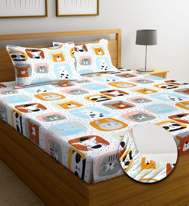 Image of NHD HOME Premium Cotton Feel Polycotton Elastic Fitted King Size Double Bedsheets With 2 Pillow Covers | All Around Elastic 210 TC Super Soft | Size - 72 King Size X 78+10 Inches | Cartoon,Multicolour
