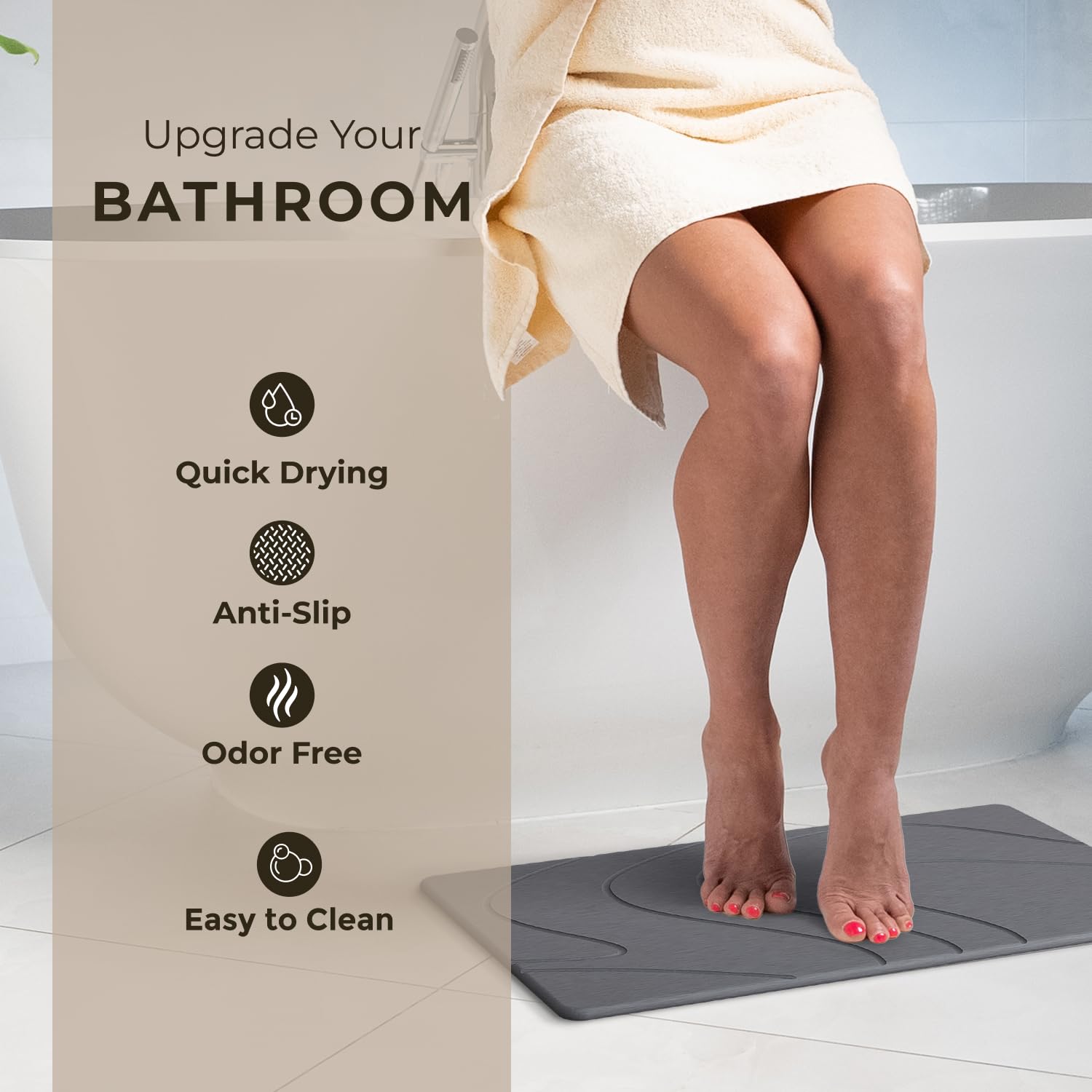 TOSORO, Alfombra de baño o ducha de piedra antideslizante de tierra de diatomeas, tapetes de baño absorbentes de secado rápido, diseño elegante y moderno, fácil de limpiar, 60 x 38 cm, Grafito