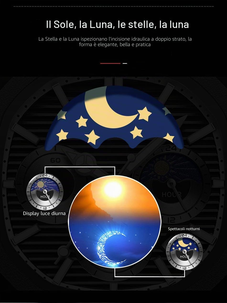 Gosasa - Orologio da uomo alla moda, in acciaio inox, movimento al quarzo, luminoso, impermeabile, con display analogico