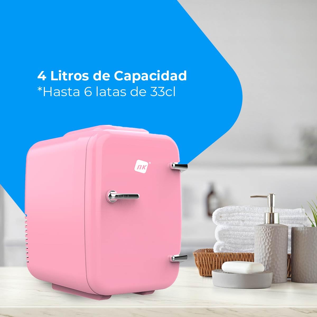 NK Mini Nevera Portátil, 4 Litros de Capacidad, Funcionamiento 12V-220V, Función Enfriamiento y Calentamiento, Para Cosméticos y Refrescos, Rosa