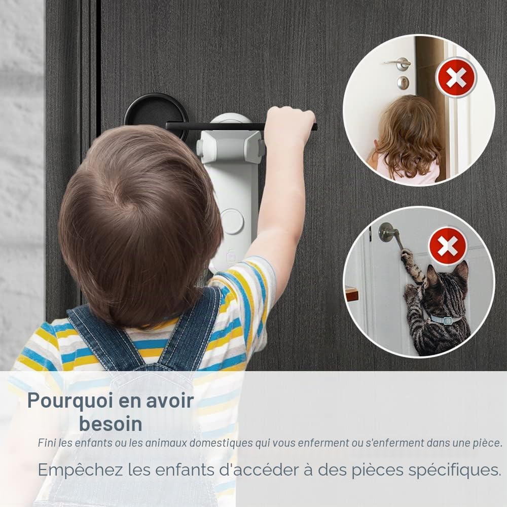 EUDEMON Verrou de levier de porte à l'épreuve des enfants, serrure de poignée de porte de sécurité pour bébé, facile à installer et à utiliser Adhésif sans outils ni perceuse (Blanc, 2 Pièces)