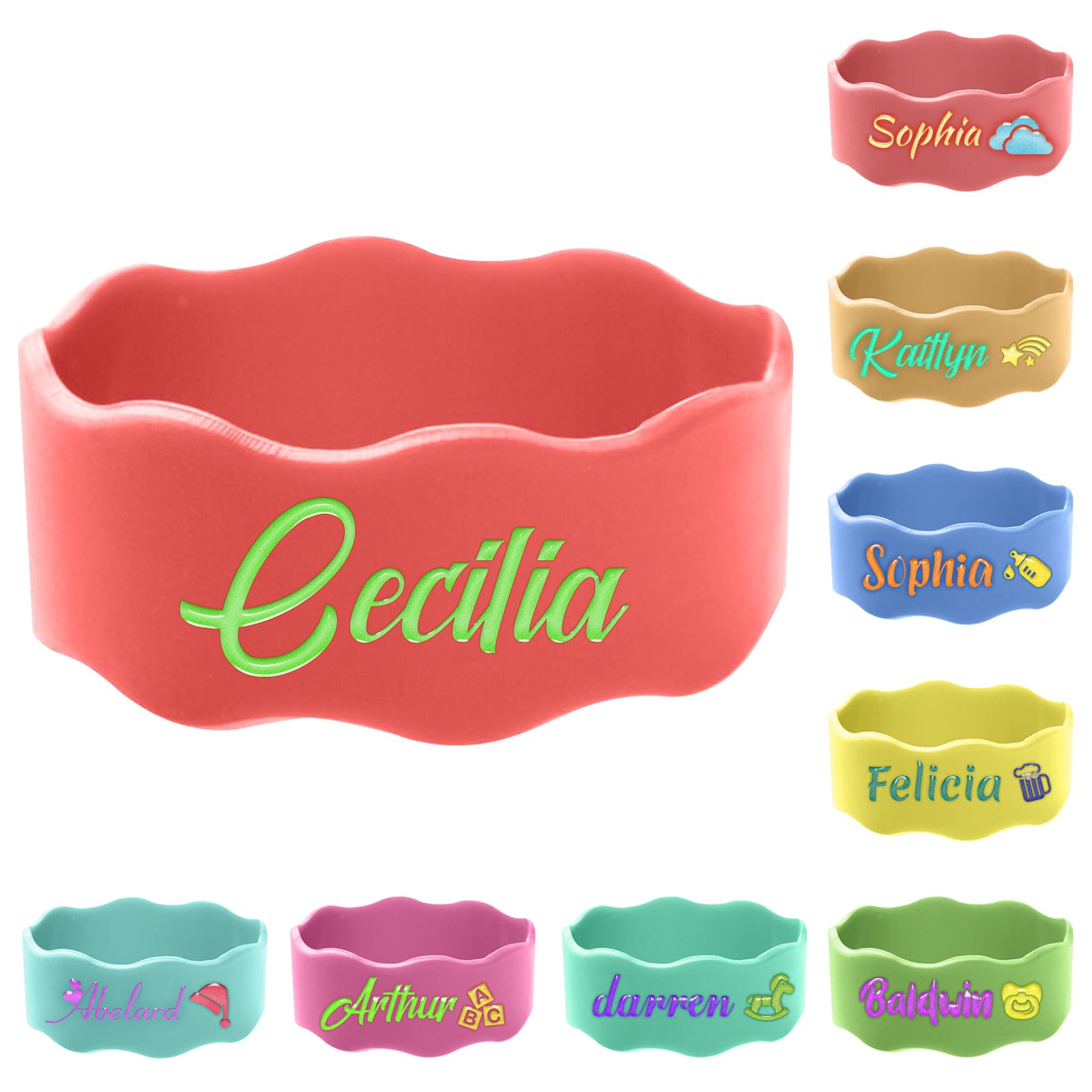3 Pcs Personalised Water Bottle Name Bands, Reusable Bottle Labels, Cute Bottle Tag Washable Sippy Cup Strap Non-Slip Silicone Daycare Labels Gifts — image 1